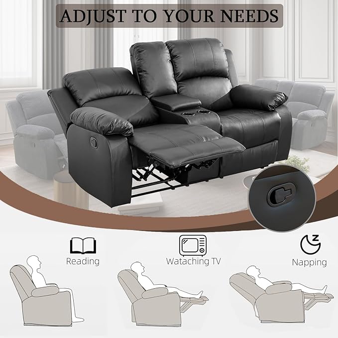 Caberryne Leather Recliner Sofa，Reclining Sofa Set for Living Room Furniture Sets，Black Double Recliner Loveseat for Living Room/Office/Theater Seating/Rv(2 Seater Couch)