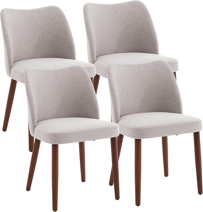 ElfinAura Dining Chair Set of 4, Linen Upholstered Dining Chair with Wood Legs, Wing Backrest, Wooden Kitchen Chair, Kitchen Chairs with Thick Cushions for Dining Room, Living Room, Light Grey