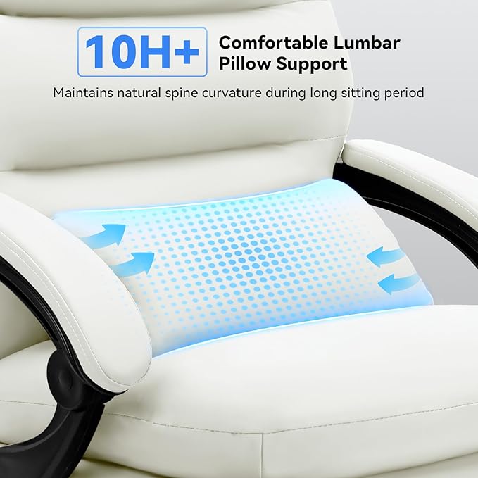 Holiwei Office Chair with Footrest, Big and Tall 400lbs Executive Desk Chair with Thickened Lumbar Support Pillow, High Back PU Leather Reclining Computer Chair, Ergonomic Swivel Task Chair, White