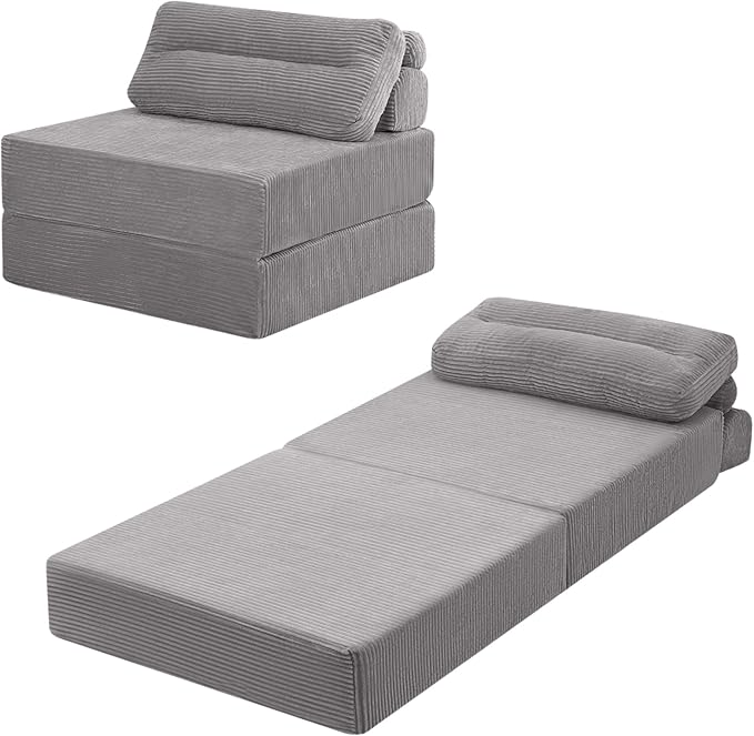 MeMoreCool Folding Sofa Bed Single Grey – Convertible Sleeper Chair with Back Support | Foldable Floor Lounge Mattress Chair with Headrest & Lumbar Pillow, Ideal for Living Room, Bedroom Guest Space