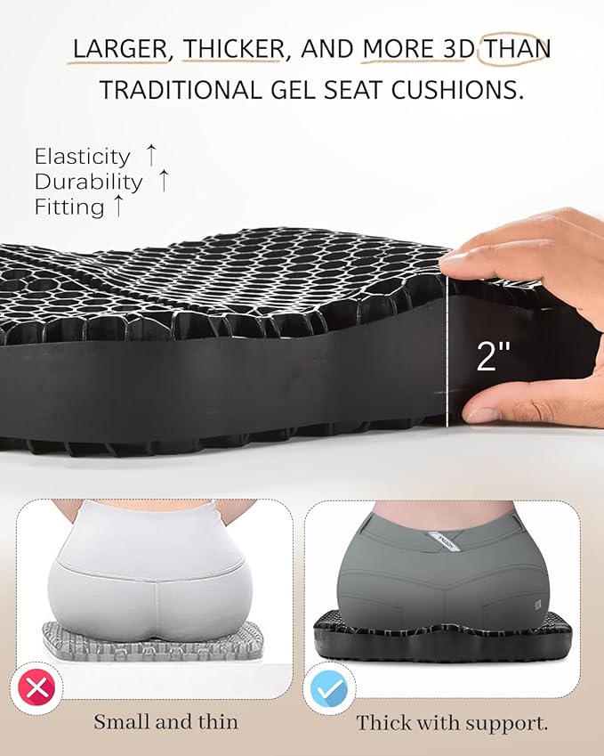 Anzeng Gel Seat Cushion for Long Sitting, Gel Cushion for Pressure Relief, Soft & Breathable, Chair Cushion for Office Chair, Car, Wheelchair, Seat Cushion with Non-Slip Black Cover