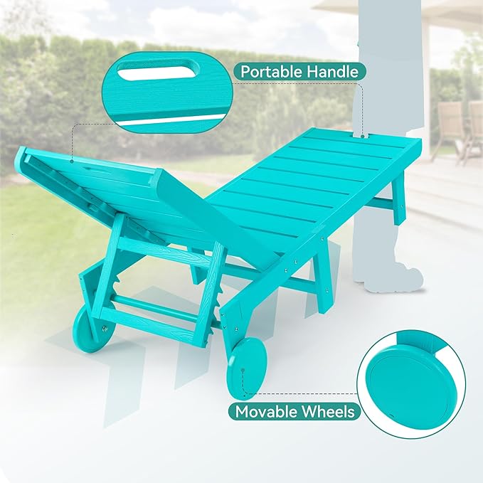 Homenjoy Outdoor Chaise Lounge Chairs with Table, 3-Piece, 26.8” Super Wide Lounge Chair Outdoor, HDPS Pool Chairs with 5 Positions, Patio Lounge Chair with Wheels for Pool,Lawn,Backyard, Aruba Blue