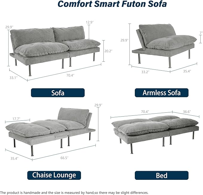 2 Sets 70" Futon Sofa Bed, 4 in 1 Multi-Function Couch Sleeper with Adjustable Backrest, Modern Convertible Futon, Recliner Small Loveseat for Living Room, Light Grey