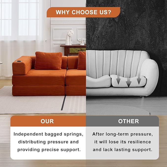 78" Loveseat Sleeper Sofa, 4 in 1 Convertible Floor Sofa Bed, Boneless Cloud Couch with Cup Holder, Fold Out Floor Couch for Living Room Bedroom Lounge, Corduroy, Orange