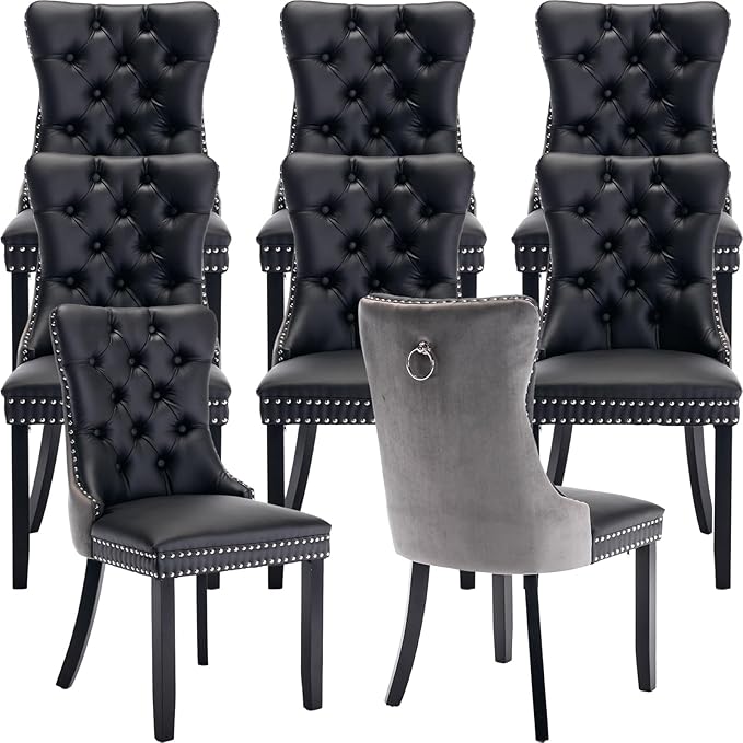 YeahFurn Modern Dining Chairs Set of 8, Tufted Upholstered Dining Room Chairs with Nailhead, PU Leather Front & Velvet Back, Solid Wood Legs, Kitchen Chairs, Sillas de Comedor (Black & Gray)