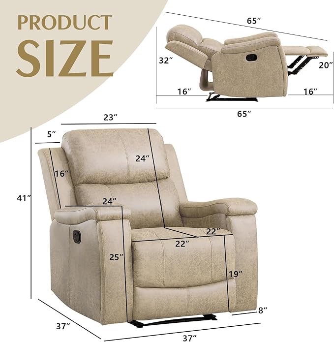 CANMOV Leather Recliner Chair, Classic and Traditional Manual Recliner Chair with Overstuffed Arms and Back, Manual Single Sofa with Concealed Cup Holders,Beige