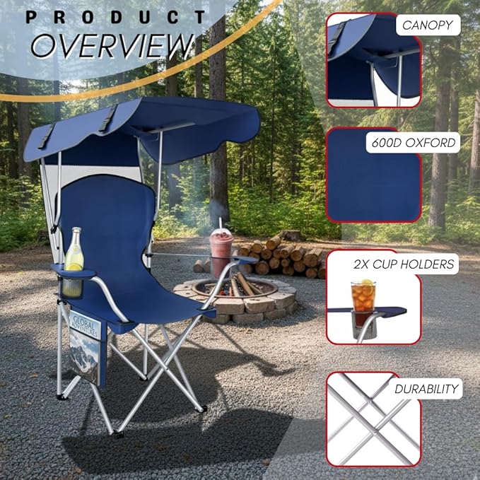 CozyBox Portable Folding Camping Chairs with Canopy Shade, Beach Chair for Adults, Durable Weather Resistant 600D Oxford Cloth, Camping Chair with Canopy for Outdoors [Navy-2 Pack]