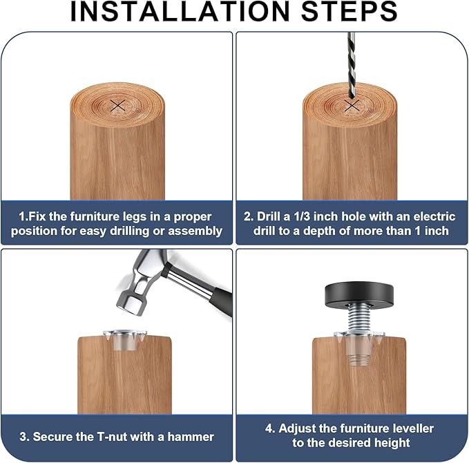 lenpestia 1/4" Thread Furniture Feet Levelers, 12 PCS Adjustable Feet Levelers, Adjustable Furniture Levelers with T-Nuts for Table, Chair, Furniture Legs