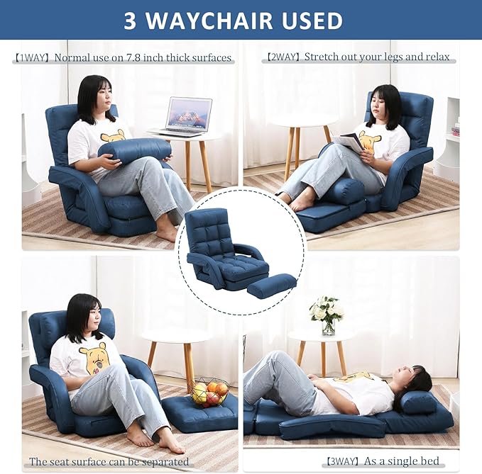 FLOGUOR 14-Position Adjustable Floor Chair, Chaise Lounge Indoor, Folding Lazy Sofa with Armrests and a Pillow Padded Adults Gaming Chairs for Living Room, Bedroom Factory Price,8803 (Blue（PU）)