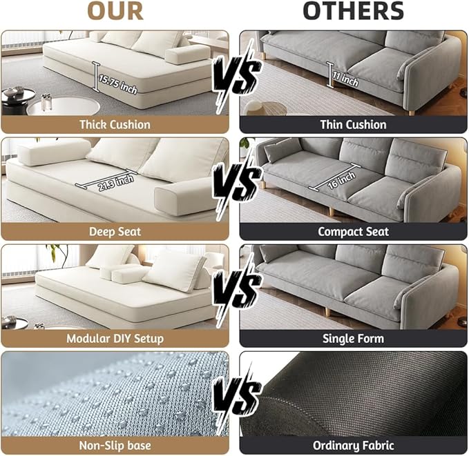 Convertible Sleeper Sofa Bed Floor Sofa,86.6" King Size Folding Mattress Couch with Pillow,Upholstered Boneless Cloud Couch for Apartment Living Room Bedroom (Beige)