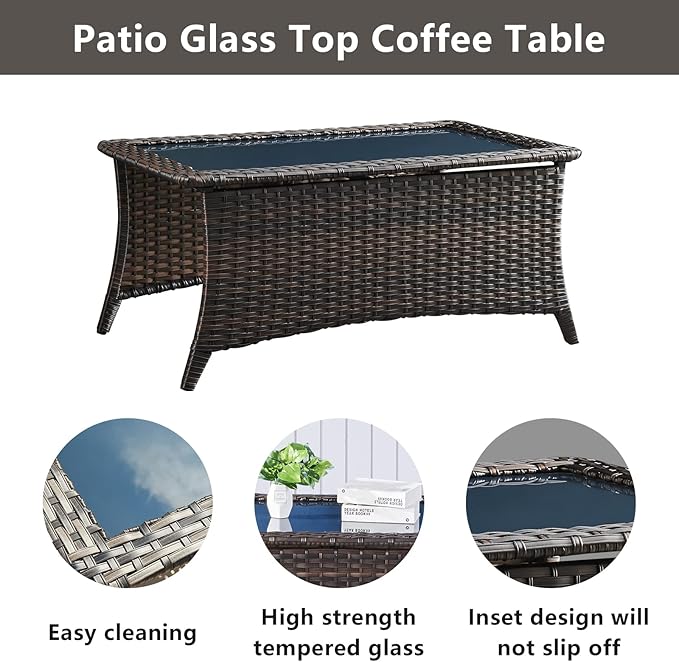 Belord Wicker Patio Furniture Sets - 8 Piece Outdoor Rattan Furniture Conversation Sets with 4 Swivel Rocker Chairs, Rattan Sofa, Wicker Ottomans and Coffee Table, Brown/Blue