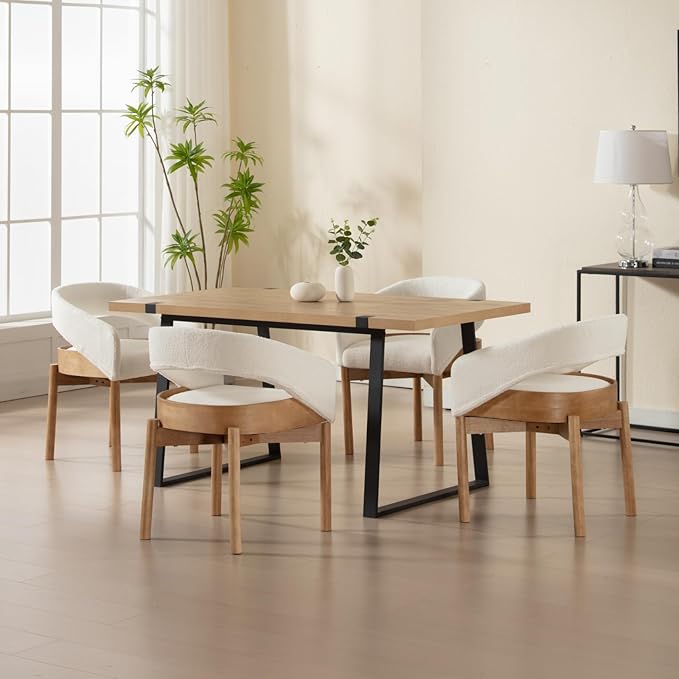 DUOMAY Modern Sherpa Dining Chairs Set of 6, Open Back Kitchen Chairs with Solid Wood Legs Upholstered Curved Back Side Chairs for Kitchen Restaurant, Fur White