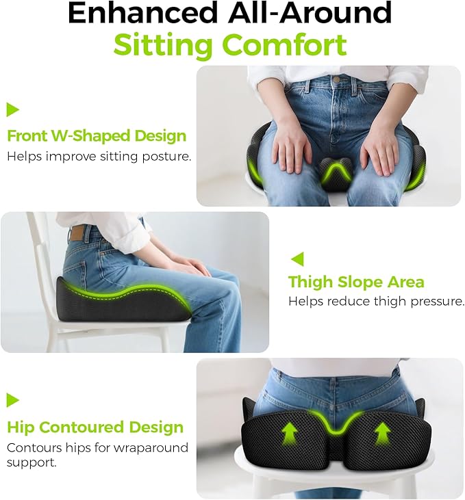 AUVON Gel Seat Cushions for Office Chairs, Ergonomic Memory Foam Chair Cushions for Long-Sitting Support & Sciatica, Back, Tailbone Pain Relief, Breathable Car Seat Cushion with Anti-Slip Base