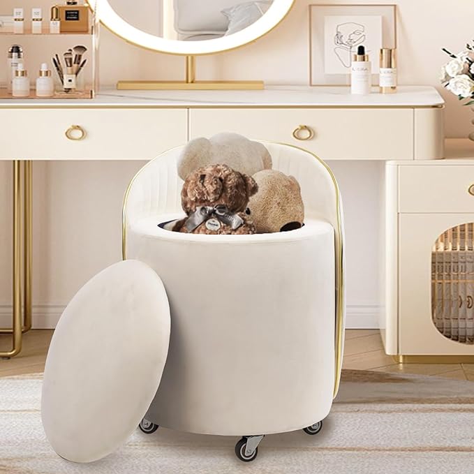 Round Storage Ottoman, Upholstered Velvet Vanity Stool with Lumbar Support, Swivel Rolling Wheels, Small Foot Stools Coffee Table Padded Seat for Makeup Room, Living Room, Bedroom Beige