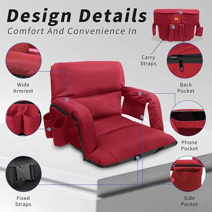 Stadium Seats with Back Support ,Wide Stadium Chairs with Back and Cushion, Sofa Style Stadium Seats, 6 Reclining Positions, Extra Thick Bleacher Seat for Sports Events (Red-1 Pack, Wide|22.5")