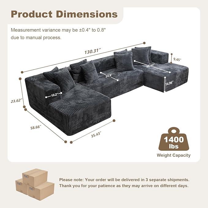130'' U Shaped Couched for Living Room, Cloud Modular Sectional Couch with 2 Chaise Lounge, Modern Minimalist Upholstered Sofa Sleeper Deep Seat Corner Couch, No Assembly Required Dark Grey
