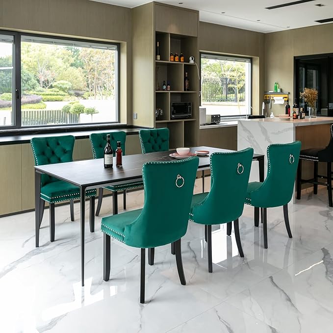 YeahFurn Green Mid Century Modern Dining Chairs Set of 2, Velvet Upholstered Kitchen & Dining Room Chairs with Nailhead Trim & Solid Wood Legs, Elegant Sillas De Comedor (Green, 2 Pcs)