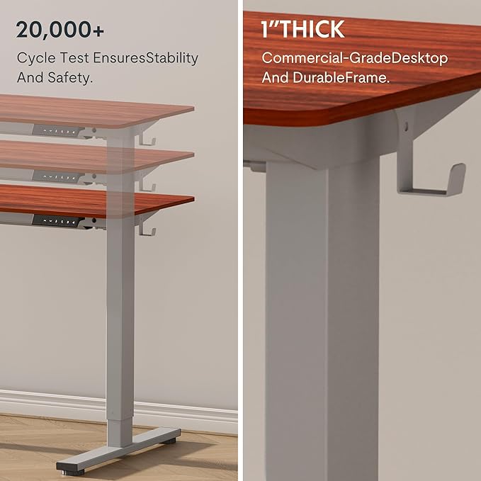 FLEXISPOT EN1 One-Piece Adjustable Stand Up Desk - 48 x 30 Inches Electric Standing Desk with Seamless Desktop (Silver Frame + Mahogany Top, 2 Packages)