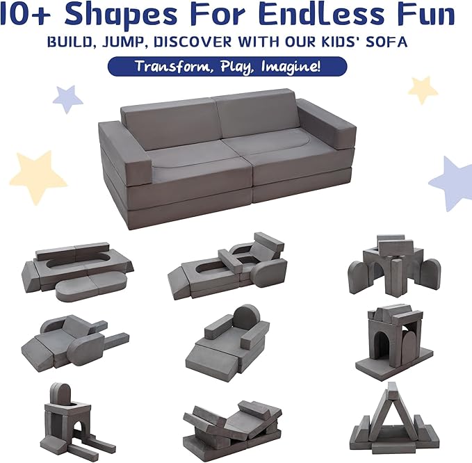 10pcs Modular Kids Play Couch, Toddler Sectional Sofa for Playroom Bedroom, Convertible Foam and Floor Cushion for Boys & Girls, Gray