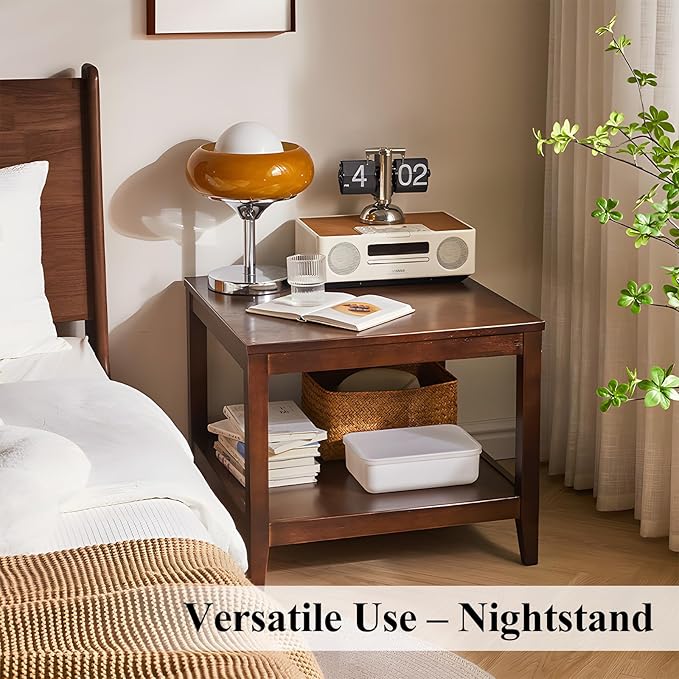 Cttasty Side Table, Solid Wood Square End Table with Storage Shelf, 2-Tier Coffee Table for Living Room, Rubber Wood Small Sofa Table, Nightstand 23.62 H x 23.62 W x 23.62 D Inches (Walnut)