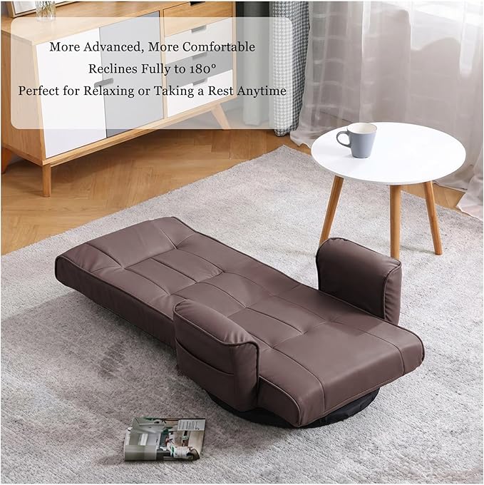 FLOGUOR 360° Swivel Gaming Floor Chair with Armrests – 14-Position Adjustable Folding Floor Sofa Lounger, Padded Backrest, Multi-Angle Recline for Home, Living Room & Office (Brown)