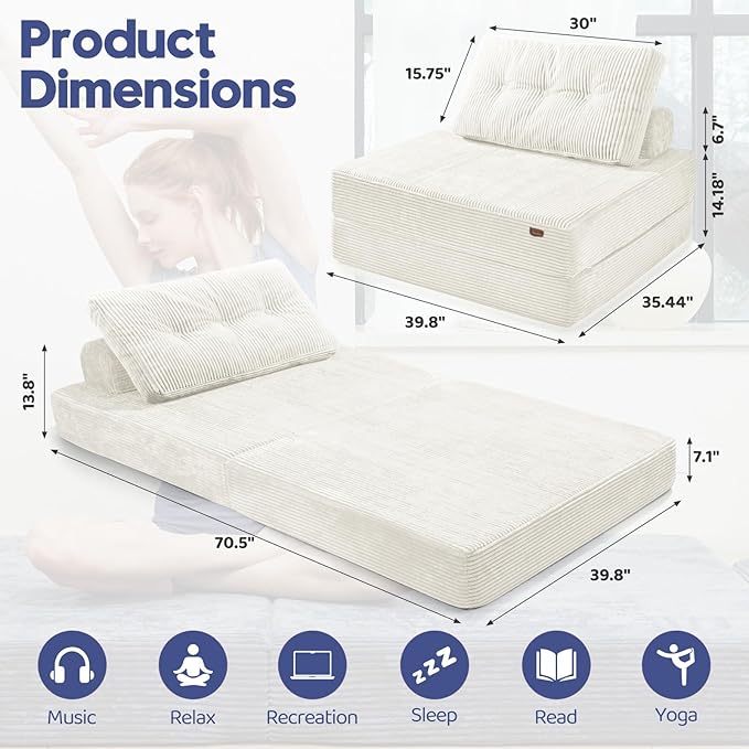 Folding Sofa Bed,Foldable Couch with Large Backrest and Pillows,Convertible Sleeper Chair for Living Room、 Bedroom 、Balcony 、Hotel、 Apartment,Twin,Creamy Apricot
