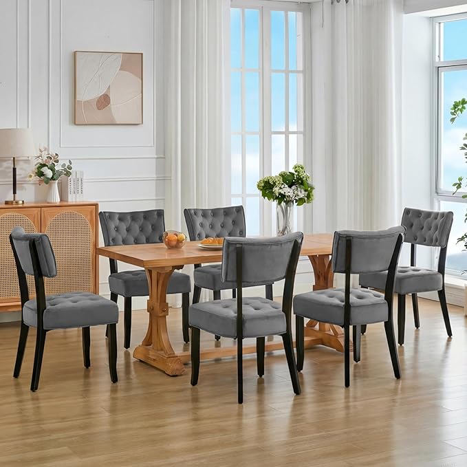 UVV Upholstered Dining Chairs Set of 6, Mid Century Modern Tufted Kitchen Chairs Dining Room Chairs, Velvet Dinner Chair with Wood Legs for Dining Room Kitchen, Dark Grey-Black Legs