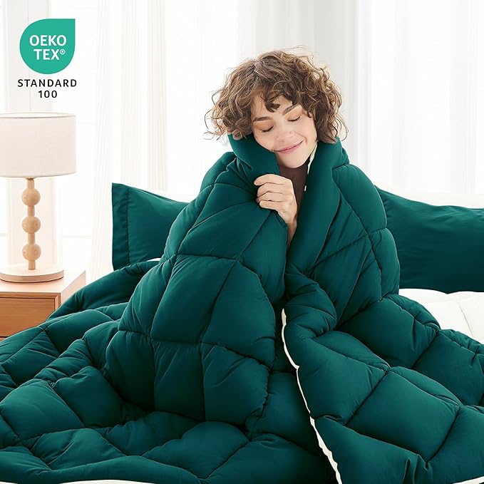 MUXHOMO 7 Pieces Queen Comforter Set, Reversible Bed in a Bag Queen Size, All Season Bedding Set with Comforter, Flat Sheet, Fitted Sheet, Pillowcases & Shams, Peacock Blue & Ivory