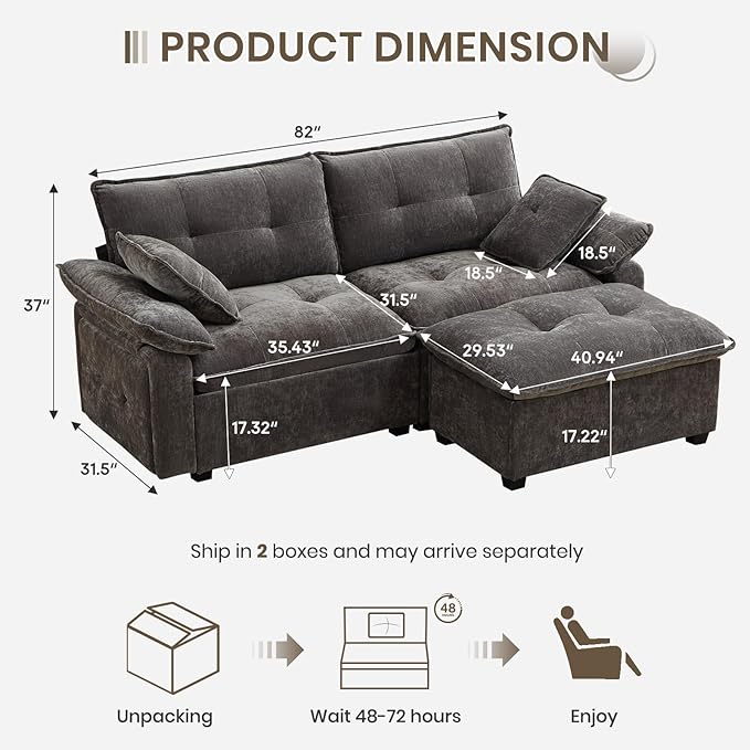 PALLOME 82" Deep Seat Comfy Cloud Couch, Modular Sectional Sofa with Movable Ottoman, L Shaped Chenille Sofa for Small Space, Modern Apartment Living Room & Office (Light Grey, 2-Seat + Ottoman)