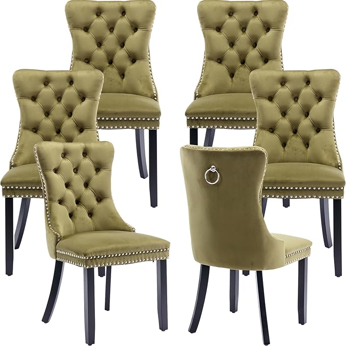 YeahFurn Olive Mid Century Modern Dining Chairs Set of 6, Velvet Upholstered Kitchen & Dining Room Chairs with Nailhead Trim & Solid Wood Legs, Elegant Sillas De Comedor (Olive, 6 Pcs)