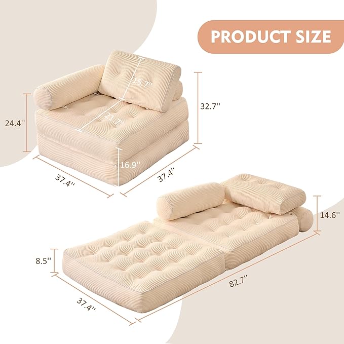 Plus Futon Sofa Bed for Small Spaces, Floor Couch with Armrest, Folding Sofa Couch, Convertible Sleeper Chair Bed with Pillow, Portable Comfy Floor Lounge for Living Room and Bedroom,White