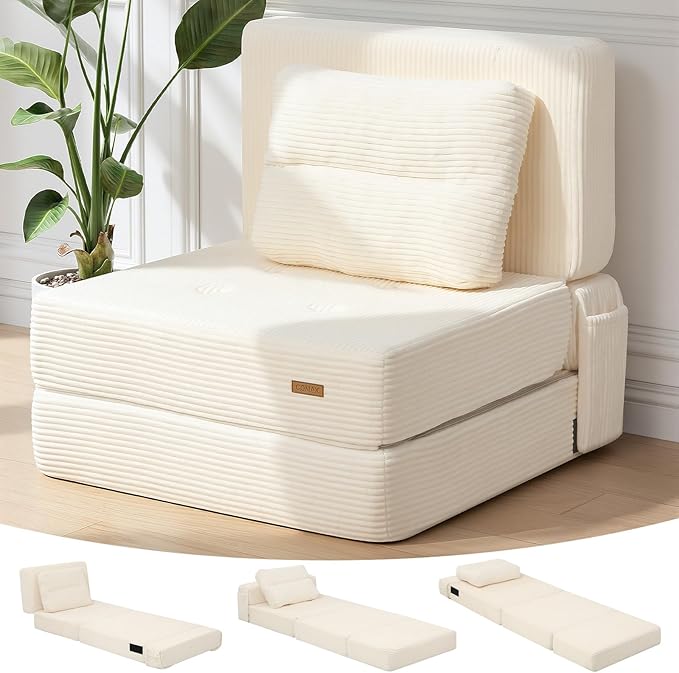 COMAX Folding Sofa Bed, Foldable Couch for Bedroom, Convertible Floor Sleeper Futon Chair Foam, Corduroy 3 in 1 Fold Out Chair Portable Comfy Lounge Couch Sofa Bed for Small Space, Single, Beige