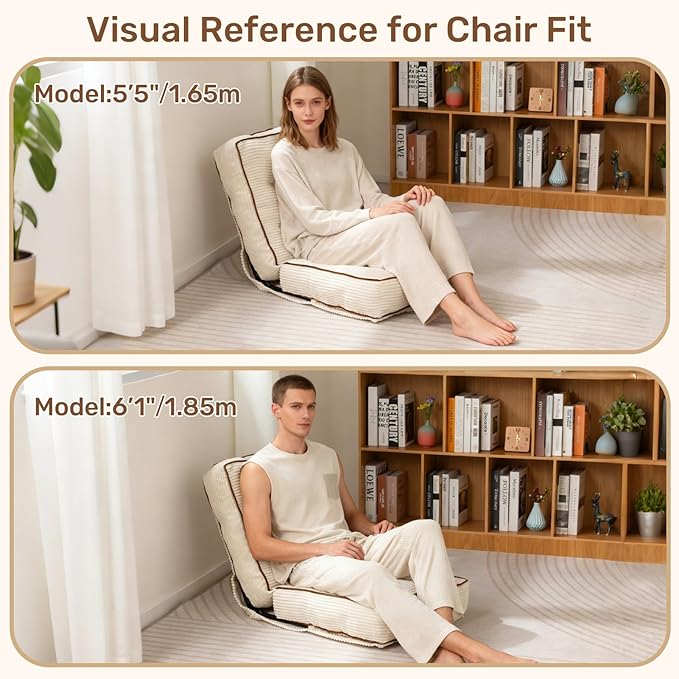 HollyHOME Adjustable Floor Chair with 6 Positions, Folding Lazy Sofa Recliner with Back Support, Thick Sponge Cushion and Portable Handle, Comfy Gaming Meditation Chair for Dorm, Bedroom, Beige