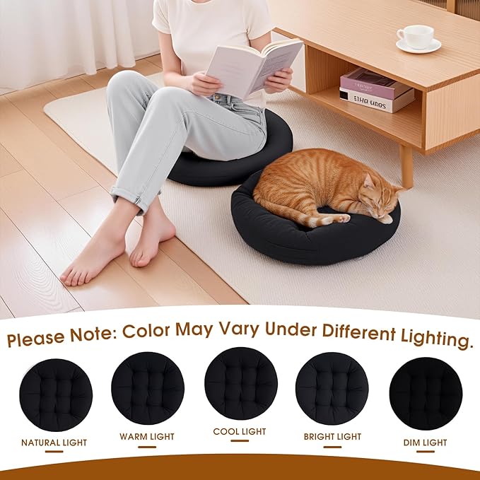 2Pcs Floor Pillows for Adults, 22x22x6 Inch Meditation Cushions, Large Round Sitting Cushion Living Room Memory Foam Pillow for Sitting (2, Black, 22x22x6 Inch)