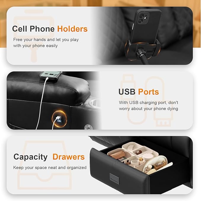 FURNIMAT Oversized Recliner Sofa Set with 2+3 Pieces in Living Room, PU Leather Loveseat Recliner Couch, 3 Seats Reclining Sofa with Flip Back Console, Storage, USB Ports, Cell Phone Holder, Black