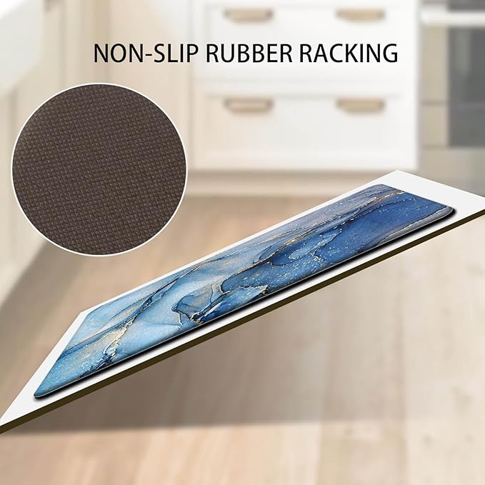 Blue Kitchen Rugs Set of 2 Kitchen Mats Cushioned Anti Fatigue Abstract Gold Marble Kitchen Mat Waterproof Non Slip Comfort Memory Foam Standing Mat for Kitchen Floor