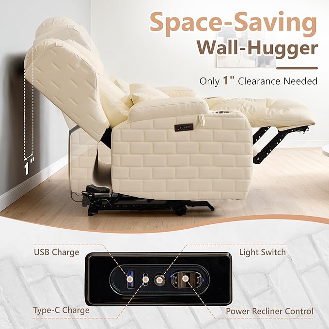 Wall Hugger Power Recliner Chair with Heat and Massage, Overstuffed Reclining Sofa Chair for Living Room Home Theater RV with 3-Side LED Lights/Cup Holders/USB & Type C Port (White)