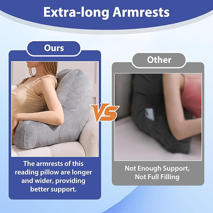 IASEAHK Reading Pillows for Sitting in Bed Adult, Back Pillow for Bed Sitting Up, Backrest Pillows with Shredded Foam for Adult&Teens, Support Pillow with Arms for Beds, Couch, Floor, 18in, Grey