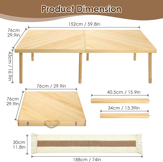 Folding Picnic Table with Table Runner, Portable Boho Low Picnic Table for Indoor Outdoor, 60" x 30" Wooden Table with Adjustable Heights for Camping, Wedding, Beach, Garden, Party(Large Size for 6)