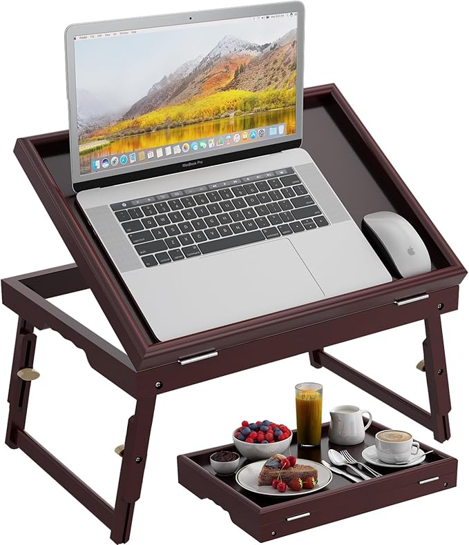 Bamboo Adjustable & Foldable Bed Tray Table with Ergonomic Handle, 17x12in Breakfast Tray for Eating, Laptop Desk, Sofa Snacking, Non-Slip Surface (Mahogany)