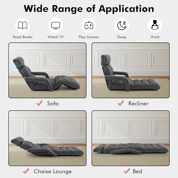 RELAX4LIFE Floor Chair Sofa Bed - Folding Lazy Sofa w/6-Position Adjustable Backrest, Armrests & 8-Level Footrest for Living Room Bedroom, Gaming Floor Chairs for Adults, Foldable Chaise Lounge Indoor