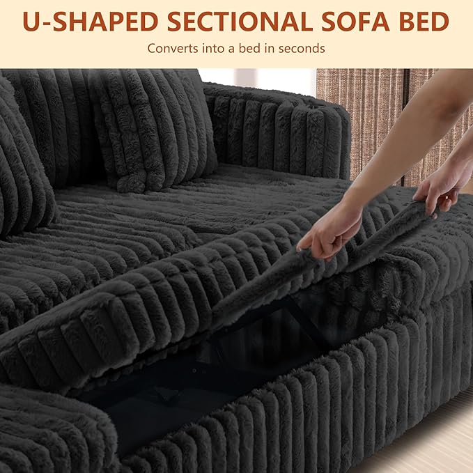 107" Sectional Sleeper Sofa with Pull Out Bed, Comfy Fluffy Plush Corduroy Cloud Sectional Couches for Living Room, U Shaped Modular Couch with Storage Chaise, Cup Holder & USB Charger, Black