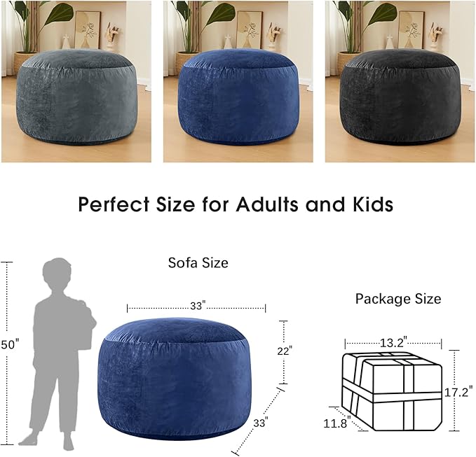 Bean Bag Chairs - Memory Foam Furniture BeanBag Chair - Kids/Teens Sofa with Soft Micro Fiber Cover - Round Fluffy Couch for Living Room Bedroom College Dorm