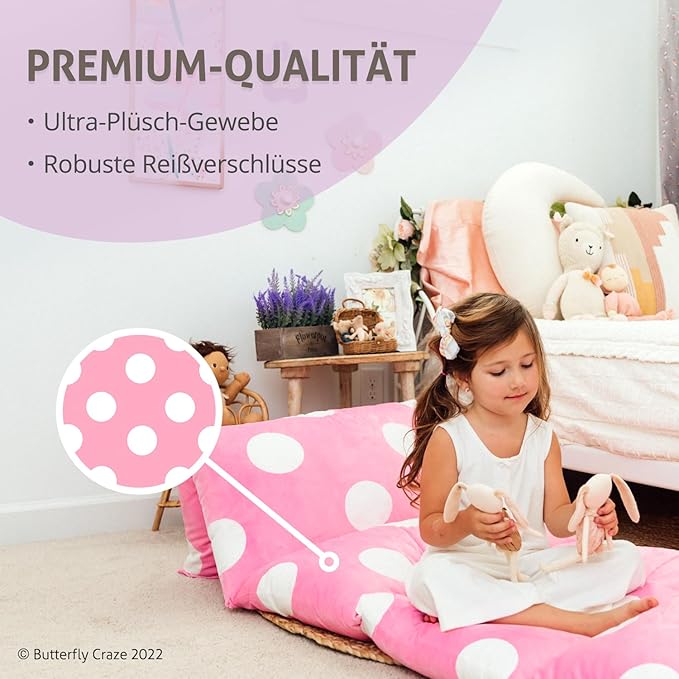 Butterfly Craze Floor Pillow Case, Mattress Bed Lounger Cover, Polka Pink, Queen Size - Cozy Seating Solution for Kids & Adults, Recliner Cushion, Perfect for Reading, TV Time (Pillow Not Included)