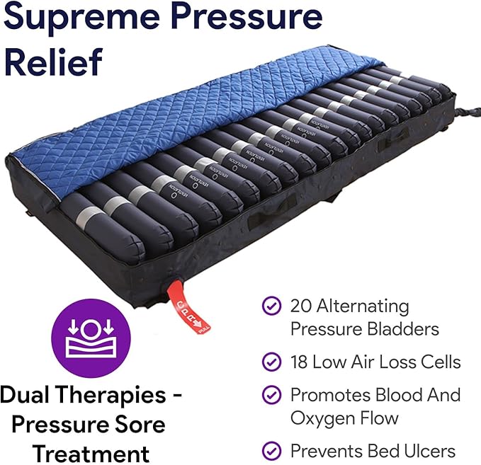 ProHeal Low Air Loss Alternating Pressure Mattress and Overlay - Pressure Surfaces for Bed Sores with Silent Pump for Hospital Bed with Analog Controls (Mattress, 36" x 80" x 8"x 3" Air Perimeter)