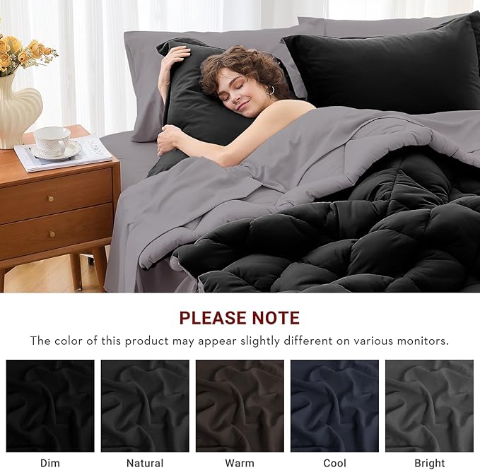 MUXHOMO 7 Pieces King Comforter Set, Reversible Bed in a Bag King Size, All Season Bedding Set with Comforter, Flat Sheet, Fitted Sheet, Pillowcases & Shams, Black & Soot