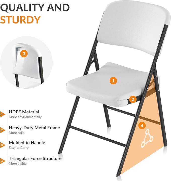 Elevon Folding Chairs Heavy Duty Plastic Chairs with 350-Pound Capacity for Home Office Camping Kitchen Dining Wedding Party Event Picnic, White, 4-Pack