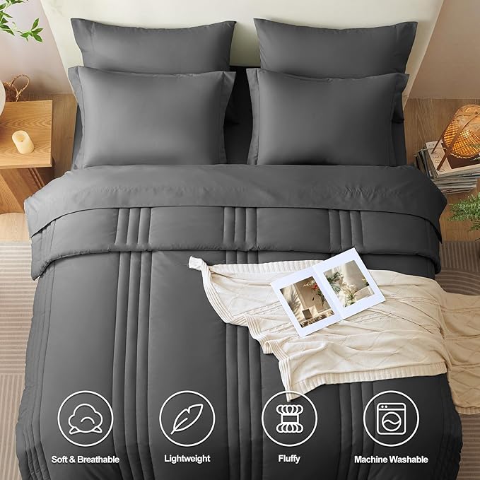 CozyLux Twin Comforter Set - 5 Pieces Bed in a Bag Dark Grey Comforter Set with Sheets Luxury Bed Set All Seasons, Soft Bedding Set with Down Alternative Comforter, Sheets, Pillowcases