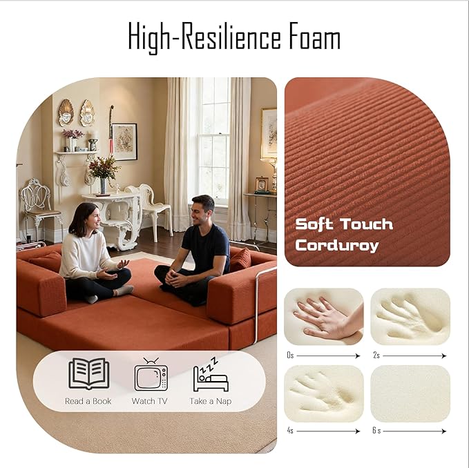 79 Inch Convertible Sofa Bed Couch in Box, 5 in 1 Folding Modular Boneless Couch with Pull Out Bed 2 Pillows, Soft Corduroy Floor Futon Lounge Loveseat Sleeper Lazy Cama No Assembly Orange