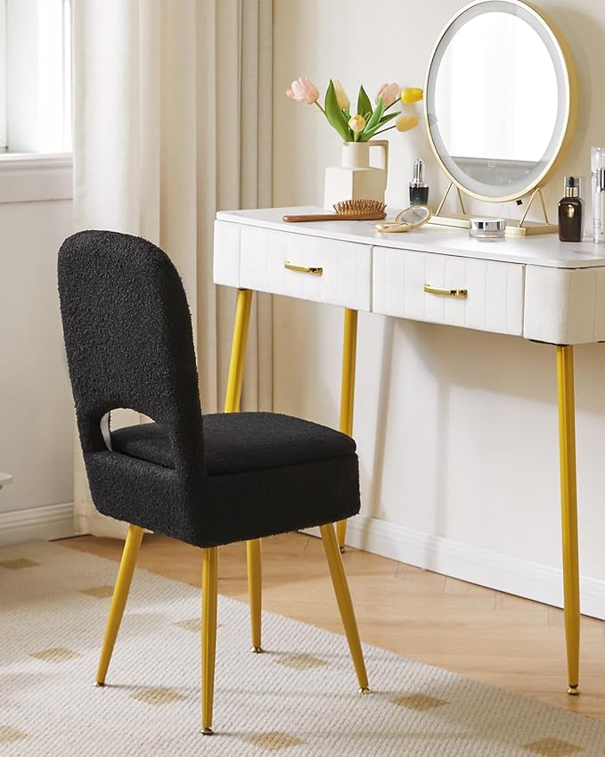 IBUYKE Small Storage Vanity Stool with Folding Backrest, 12.99" x 13.78" x 31.5" Square Teddy Velvet Ottoman, Makeup Chair for Living Room, 4 Metal Legs with Anti-Slip Feet, Black WBD027B